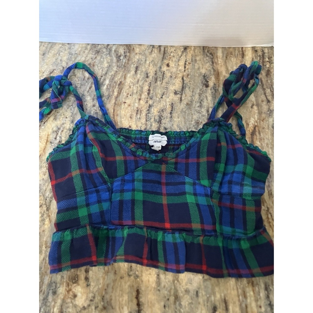 Aerie  Plaid Ruffle Flannel crop top size Small Women's Y2K Tie Straps Cottage